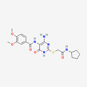 molecular formula C20H25N5O5S B2567623 N-(4-amino-2-((2-(cyclopentylamino)-2-oxoethyl)thio)-6-oxo-1,6-dihydropyrimidin-5-yl)-3,4-dimethoxybenzamide CAS No. 868228-04-0