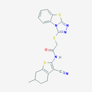 molecular formula C20H17N5OS3 B256763 N-(3-cyano-6-methyl-4,5,6,7-tetrahydro-1-benzothiophen-2-yl)-2-([1,2,4]triazolo[3,4-b][1,3]benzothiazol-3-ylsulfanyl)acetamide 