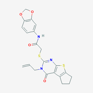 molecular formula C21H19N3O4S2 B256764 N-(2H-1,3-benzodioxol-5-yl)-2-{[12-oxo-11-(prop-2-en-1-yl)-7-thia-9,11-diazatricyclo[6.4.0.0^{2,6}]dodeca-1(8),2(6),9-trien-10-yl]sulfanyl}acetamide 