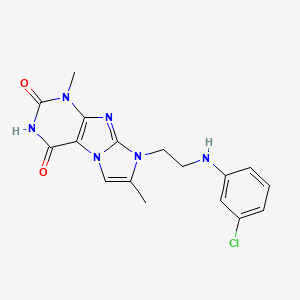 molecular formula C17H17ClN6O2 B2567648 8-(2-((3-chlorophenyl)amino)ethyl)-1,7-dimethyl-1H-imidazo[2,1-f]purine-2,4(3H,8H)-dione CAS No. 923151-64-8