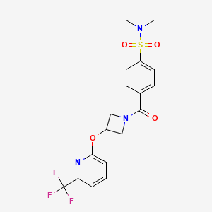 molecular formula C18H18F3N3O4S B2567650 N,N-dimethyl-4-(3-((6-(trifluoromethyl)pyridin-2-yl)oxy)azetidine-1-carbonyl)benzenesulfonamide CAS No. 2034575-39-6
