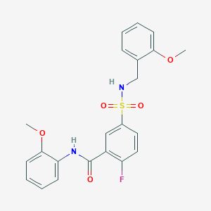 molecular formula C22H21FN2O5S B2567663 2-氟-N-(2-甲氧基苯基)-5-[(2-甲氧基苯基)甲基磺酰氨基]苯甲酰胺 CAS No. 451482-29-4