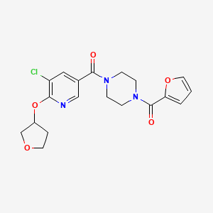molecular formula C19H20ClN3O5 B2567664 (4-(5-Chloro-6-((tetrahydrofuran-3-yl)oxy)nicotinoyl)piperazin-1-yl)(furan-2-yl)methanone CAS No. 1903400-84-9