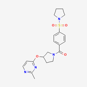 molecular formula C20H24N4O4S B2567666 2-Methyl-4-({1-[4-(pyrrolidine-1-sulfonyl)benzoyl]pyrrolidin-3-yl}oxy)pyrimidine CAS No. 2034361-57-2
