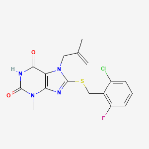 molecular formula C17H16ClFN4O2S B2567678 8-[(2-Chloro-6-fluorophenyl)methylsulfanyl]-3-methyl-7-(2-methylprop-2-enyl)purine-2,6-dione CAS No. 377058-49-6
