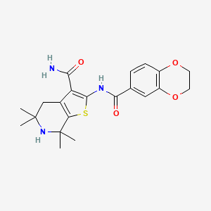 molecular formula C21H25N3O4S B2567708 2-(2,3-Dihydro-1,4-benzodioxine-6-carbonylamino)-5,5,7,7-tetramethyl-4,6-dihydrothieno[2,3-c]pyridine-3-carboxamide CAS No. 887898-85-3