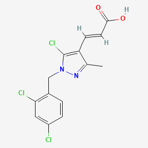 molecular formula C14H11Cl3N2O2 B2567744 (E)-3-[5-chloro-1-[(2,4-dichlorophenyl)methyl]-3-methylpyrazol-4-yl]prop-2-enoic acid CAS No. 956714-01-5