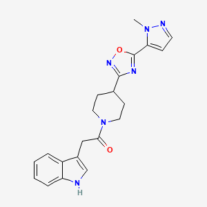 molecular formula C21H22N6O2 B2567792 2-(1H-indol-3-yl)-1-(4-(5-(1-methyl-1H-pyrazol-5-yl)-1,2,4-oxadiazol-3-yl)piperidin-1-yl)ethanone CAS No. 2034248-98-9