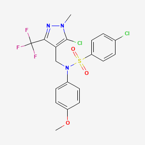 molecular formula C19H16Cl2F3N3O3S B2567824 4-chloro-N-{[5-chloro-1-methyl-3-(trifluoromethyl)-1H-pyrazol-4-yl]methyl}-N-(4-methoxyphenyl)benzenesulfonamide CAS No. 956706-83-5