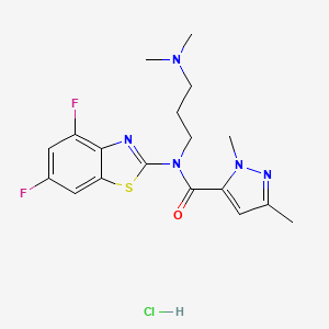 molecular formula C18H22ClF2N5OS B2567841 N-(4,6-difluorobenzo[d]thiazol-2-yl)-N-(3-(dimethylamino)propyl)-1,3-dimethyl-1H-pyrazole-5-carboxamide hydrochloride CAS No. 1215811-24-7