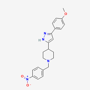 molecular formula C22H24N4O3 B2567943 4-[3-(4-methoxyphenyl)-1H-pyrazol-5-yl]-1-[(4-nitrophenyl)methyl]piperidine CAS No. 321998-76-9
