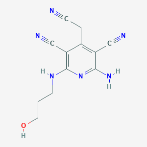 molecular formula C12H12N6O B256799 2-Amino-4-(cyanomethyl)-6-((3-hydroxypropyl)amino)pyridine-3,5-dicarbonitrile 