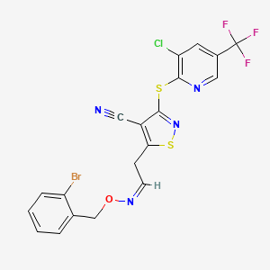 molecular formula C19H11BrClF3N4OS2 B2568012 5-(2-{[(2-溴苄基)氧基]亚氨基}乙基)-3-{[3-氯-5-(三氟甲基)-2-吡啶基]硫代}-4-异噻唑腈 CAS No. 338413-11-9