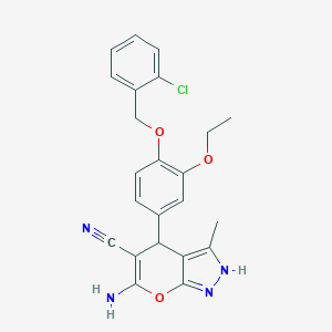 molecular formula C23H21ClN4O3 B256802 6-Amino-4-{4-[(2-chlorobenzyl)oxy]-3-ethoxyphenyl}-3-methyl-1,4-dihydropyrano[2,3-c]pyrazole-5-carbonitrile 