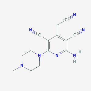 molecular formula C14H15N7 B256803 2-Amino-4-(cyanomethyl)-6-(4-methyl-1-piperazinyl)-3,5-pyridinedicarbonitrile 