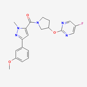 molecular formula C20H20FN5O3 B2568043 (3-((5-fluoropyrimidin-2-yl)oxy)pyrrolidin-1-yl)(3-(3-methoxyphenyl)-1-methyl-1H-pyrazol-5-yl)methanone CAS No. 2034500-80-4