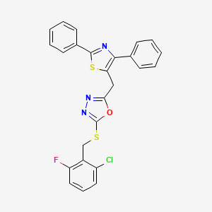 molecular formula C25H17ClFN3OS2 B2568052 2-[(2-Chloro-6-fluorobenzyl)sulfanyl]-5-[(2,4-diphenyl-1,3-thiazol-5-yl)methyl]-1,3,4-oxadiazole CAS No. 338750-03-1