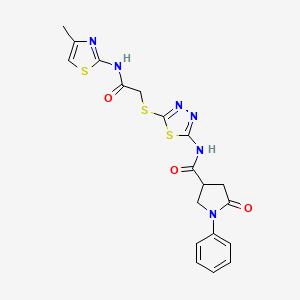 molecular formula C19H18N6O3S3 B2568128 N-(5-((2-((4-甲基噻唑-2-基)氨基)-2-氧代乙基)硫代)-1,3,4-噻二唑-2-基)-5-氧代-1-苯基吡咯烷-3-甲酰胺 CAS No. 872594-68-8
