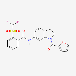 molecular formula C21H16F2N2O5S B2568155 2-((二氟甲基)磺酰基)-N-(1-(呋喃-2-甲酰基)吲哚啉-6-基)苯甲酰胺 CAS No. 1448077-84-6