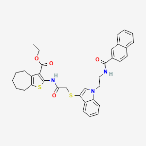 molecular formula C35H35N3O4S2 B2568219 ethyl 2-[[2-[1-[2-(naphthalene-2-carbonylamino)ethyl]indol-3-yl]sulfanylacetyl]amino]-5,6,7,8-tetrahydro-4H-cyclohepta[b]thiophene-3-carboxylate CAS No. 533865-72-4