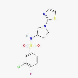 molecular formula C13H13ClFN3O2S2 B2568225 3-chloro-4-fluoro-N-(1-(thiazol-2-yl)pyrrolidin-3-yl)benzenesulfonamide CAS No. 1797183-22-2