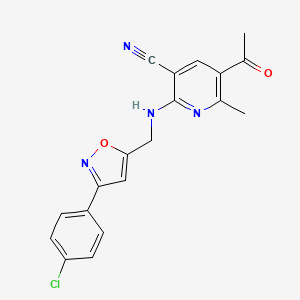 molecular formula C19H15ClN4O2 B2568247 5-Acetyl-2-({[3-(4-chlorophenyl)-5-isoxazolyl]methyl}amino)-6-methylnicotinonitrile CAS No. 478043-44-6
