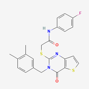 molecular formula C23H20FN3O2S2 B2568255 2-{[3-(3,4-二甲基苄基)-4-氧代-3,4-二氢噻吩并[3,2-d]嘧啶-2-基]硫代}-N-(4-氟苯基)乙酰胺 CAS No. 1252931-16-0