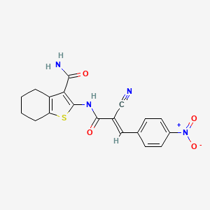 molecular formula C19H16N4O4S B2568317 (E)-2-(2-氰基-3-(4-硝基苯基)丙烯酰胺)-4,5,6,7-四氢苯并[b]噻吩-3-甲酰胺 CAS No. 300675-11-0