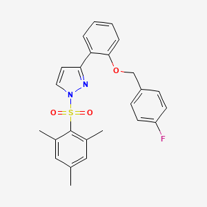 molecular formula C25H23FN2O3S B2568356 3-{2-[(4-fluorobenzyl)oxy]phenyl}-1-(mesitylsulfonyl)-1H-pyrazole CAS No. 956501-72-7
