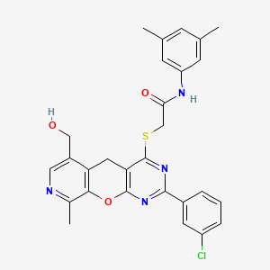 molecular formula C28H25ClN4O3S B2568413 2-((2-(3-chlorophenyl)-6-(hydroxymethyl)-9-methyl-5H-pyrido[4',3':5,6]pyrano[2,3-d]pyrimidin-4-yl)thio)-N-(3,5-dimethylphenyl)acetamide CAS No. 892383-23-2