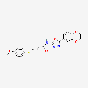molecular formula C21H21N3O5S B2568424 N-(5-(2,3-dihydrobenzo[b][1,4]dioxin-6-yl)-1,3,4-oxadiazol-2-yl)-4-((4-methoxyphenyl)thio)butanamide CAS No. 942003-19-2