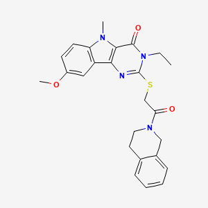 molecular formula C25H26N4O3S B2568450 2-((2-(3,4-dihydroisoquinolin-2(1H)-yl)-2-oxoethyl)thio)-3-ethyl-8-methoxy-5-methyl-3H-pyrimido[5,4-b]indol-4(5H)-one CAS No. 1112301-32-2