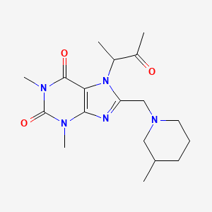 molecular formula C18H27N5O3 B2568469 1,3-dimethyl-8-((3-methylpiperidin-1-yl)methyl)-7-(3-oxobutan-2-yl)-1H-purine-2,6(3H,7H)-dione CAS No. 868146-78-5