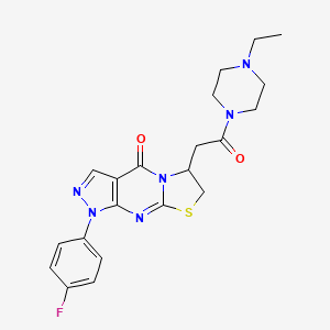 molecular formula C21H23FN6O2S B2568495 12-[2-(4-Ethylpiperazin-1-yl)-2-oxoethyl]-6-(4-fluorophenyl)-10-thia-1,5,6,8-tetrazatricyclo[7.3.0.03,7]dodeca-3(7),4,8-trien-2-one CAS No. 946334-92-5