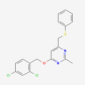 molecular formula C19H16Cl2N2OS B2568526 2,4-Dichlorobenzyl 2-methyl-6-[(phenylsulfanyl)methyl]-4-pyrimidinyl ether CAS No. 339278-73-8