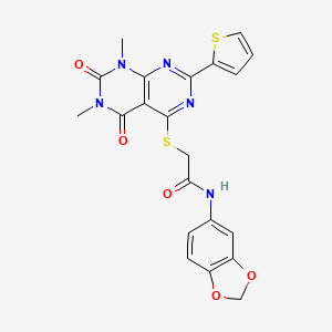 molecular formula C21H17N5O5S2 B2568532 N-(benzo[d][1,3]dioxol-5-yl)-2-((6,8-dimethyl-5,7-dioxo-2-(thiophen-2-yl)-5,6,7,8-tetrahydropyrimido[4,5-d]pyrimidin-4-yl)thio)acetamide CAS No. 847191-82-6