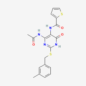 molecular formula C19H18N4O3S2 B2568580 N-(4-acetamido-2-((3-methylbenzyl)thio)-6-oxo-1,6-dihydropyrimidin-5-yl)thiophene-2-carboxamide CAS No. 872609-03-5