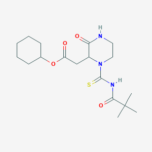 molecular formula C18H29N3O4S B2568582 环己基 2-(3-氧代-1-(叔丁酰氨基羰基硫代)哌嗪-2-基)乙酸酯 CAS No. 1043486-77-6