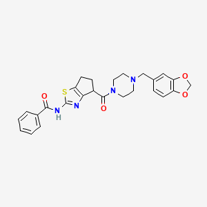 molecular formula C26H26N4O4S B2568613 N-(4-(4-(benzo[d][1,3]dioxol-5-ylmethyl)piperazine-1-carbonyl)-5,6-dihydro-4H-cyclopenta[d]thiazol-2-yl)benzamide CAS No. 955714-42-8