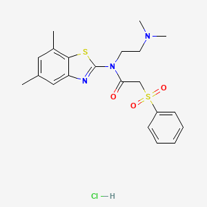 molecular formula C21H26ClN3O3S2 B2568658 盐酸N-(2-(二甲氨基)乙基)-N-(5,7-二甲基苯并[d]噻唑-2-基)-2-(苯磺酰基)乙酰胺 CAS No. 1215420-38-4