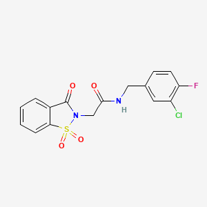 molecular formula C16H12ClFN2O4S B2568719 N-(3-chloro-4-fluorobenzyl)-2-(1,1-dioxido-3-oxo-1,2-benzothiazol-2(3H)-yl)acetamide CAS No. 1261008-08-5
