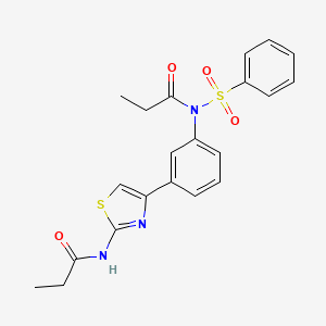 molecular formula C21H21N3O4S2 B2568732 N-(benzenesulfonyl)-N-[3-(2-propanamido-1,3-thiazol-4-yl)phenyl]propanamide CAS No. 853752-43-9