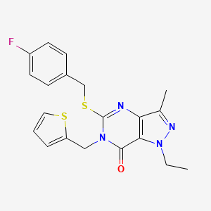 molecular formula C20H19FN4OS2 B2568740 1-ethyl-5-((4-fluorobenzyl)thio)-3-methyl-6-(thiophen-2-ylmethyl)-1H-pyrazolo[4,3-d]pyrimidin-7(6H)-one CAS No. 1358957-56-8
