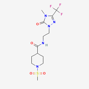 molecular formula C13H20F3N5O4S B2568860 N-(2-(4-methyl-5-oxo-3-(trifluoromethyl)-4,5-dihydro-1H-1,2,4-triazol-1-yl)ethyl)-1-(methylsulfonyl)piperidine-4-carboxamide CAS No. 1421491-05-5