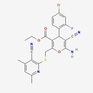 molecular formula C24H20BrFN4O3S B2568901 ethyl 6-amino-4-(4-bromo-2-fluorophenyl)-5-cyano-2-{[(3-cyano-4,6-dimethylpyridin-2-yl)sulfanyl]methyl}-4H-pyran-3-carboxylate CAS No. 312265-22-8