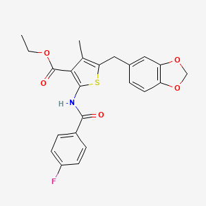 molecular formula C23H20FNO5S B2568942 5-(苯并[d][1,3]二氧杂环-5-基甲基)-2-(4-氟苯甲酰胺)-4-甲硫代苯并呋喃-3-羧酸乙酯 CAS No. 438029-27-7