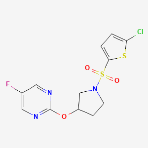 molecular formula C12H11ClFN3O3S2 B2568971 2-((1-((5-Chlorothiophen-2-yl)sulfonyl)pyrrolidin-3-yl)oxy)-5-fluoropyrimidine CAS No. 2034579-46-7