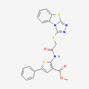 molecular formula C22H16N4O3S3 B2568973 5-苯基-2-(2-{7-噻-2,4,5-三氮三环[6.4.0.0^{2,6}]十二-1(8),3,5,9,11-五烯-3-基硫代}乙酰氨基)噻吩-3-羧酸甲酯 CAS No. 442865-30-7