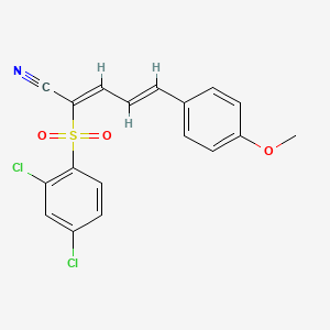 molecular formula C18H13Cl2NO3S B2568995 2-((2,4-Dichlorophenyl)sulfonyl)-5-(4-methoxyphenyl)penta-2,4-dienenitrile CAS No. 1025637-59-5