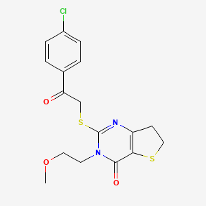 molecular formula C17H17ClN2O3S2 B2568997 2-[2-(4-Chlorophenyl)-2-oxoethyl]sulfanyl-3-(2-methoxyethyl)-6,7-dihydrothieno[3,2-d]pyrimidin-4-one CAS No. 893377-45-2